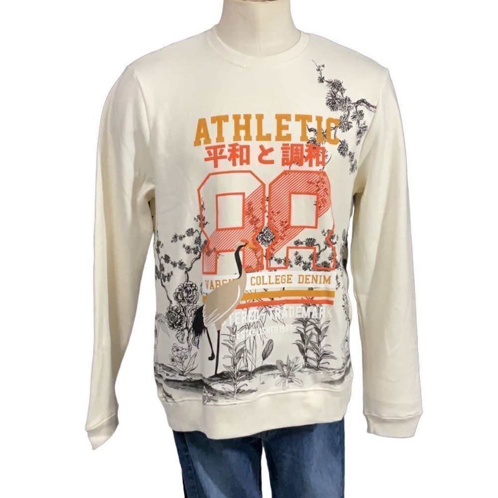 Blind Rooster Athletic Fleece Sweatshirt Varsity College Ivory Graphics Sz L NWT